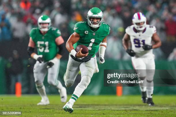 Jalen Hurts of the Philadelphia Eagles runs the ball during the first quarter against the Buffalo Bills at Lincoln Financial Field on November 26,...