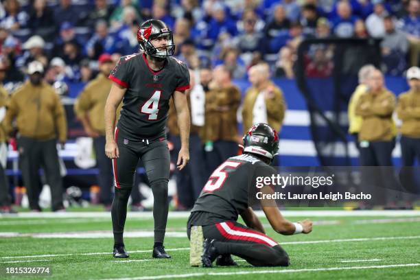 Chase McLaughlin of the Tampa Bay Buccaneers kicks a field goal during the game against the Indianapolis Colts at Lucas Oil Stadium on November 26,...