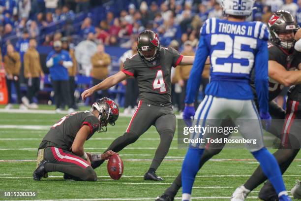 Place kicker Chase McLaughlin of the Tampa Bay Buccaneers kicks a field goal during an NFL football game against the Indianapolis Colts on November...