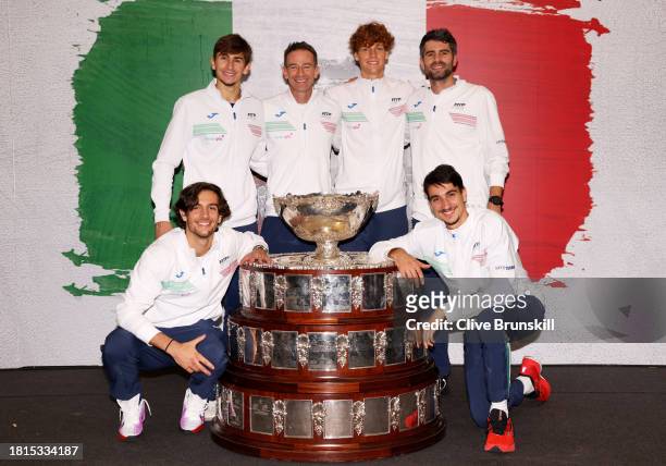 Lorenzo Musetti, Matteo Arnaldi, Filippo Volandri, Jannik Sinner, Simone Bolelli and Lorenzo Sonego of Italy pose for a photo with the Davis Cup...