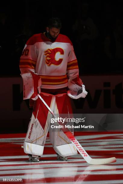 Goaltender Dan Vladar of the Calgary Flames takes to the ice prior to the game against the Colorado Avalanche at Ball Arena on November 25, 2023 in...