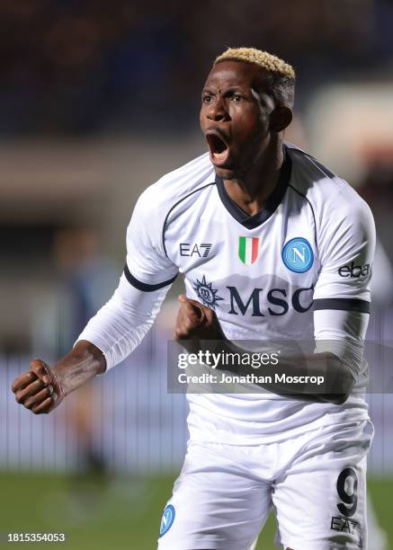 Victor Osimhen of SSC Napoli celebrates after setting up team mate Eljif Elmas to score and give the side a 2-1 lead during the Serie A TIM match...