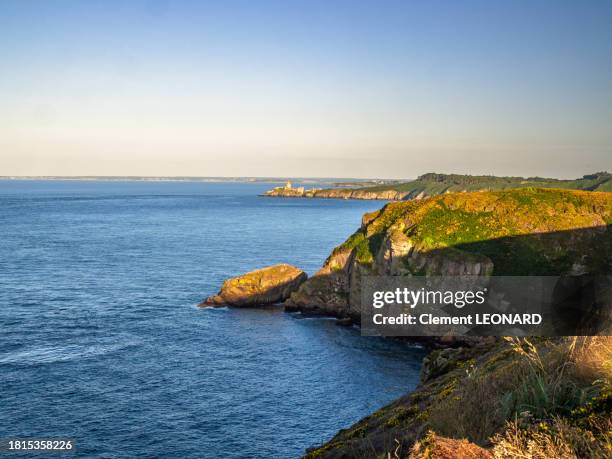 rocky coastline and cliffs of the cap fréhel (frehel), cotes-d'armor, brittany (bretagne), western france. - cotes d'armor stock pictures, royalty-free photos & images