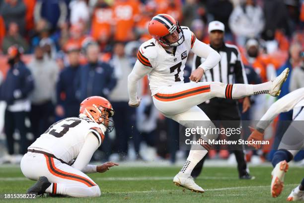 Dustin Hopkins of the Cleveland Browns kicks a field goal in the first half of the game against the Denver Broncos at Empower Field At Mile High on...