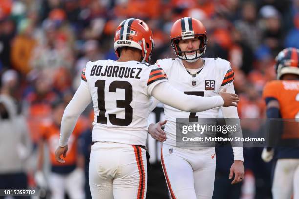 Dustin Hopkins of the Cleveland Browns celebrates after kicking a field goal in the first half of the game against the Denver Broncos at Empower...