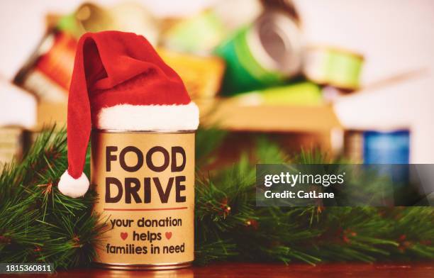 prodotti in scatola per una raccolta di cibo natalizio - raccolta alimentare foto e immagini stock