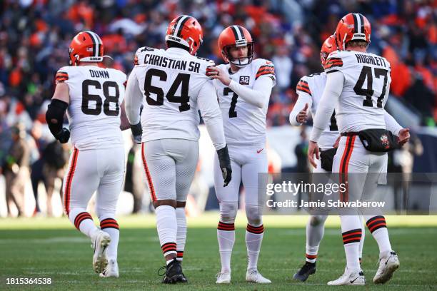 Dustin Hopkins of the Cleveland Browns celebrates after kicking a field goal in the first half of the game against the Denver Broncos at Empower...