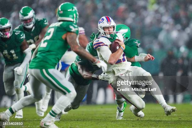 S of the Philadelphia Eagles tackles Josh Allen of the Buffalo Bills during the second quarter at Lincoln Financial Field on November 26, 2023 in...