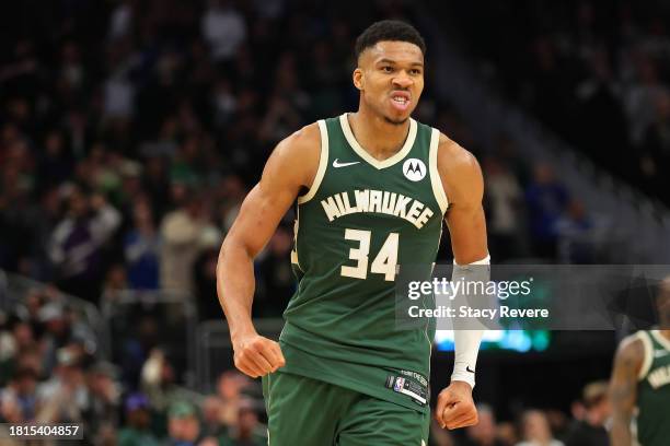 Giannis Antetokounmpo of the Milwaukee Bucks reacts to a score during the second half of a game against the Portland Trail Blazers at Fiserv Forum on...