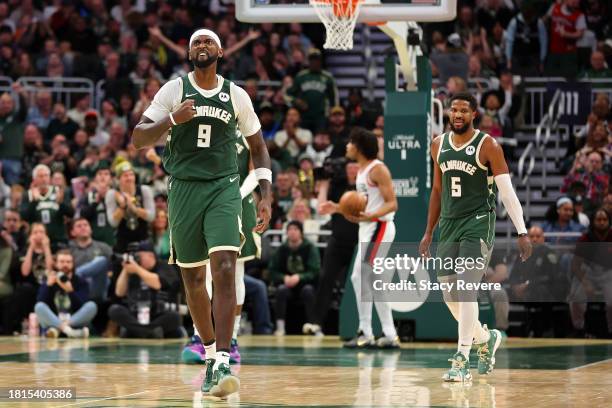 Bobby Portis of the Milwaukee Bucks reacts to a score during the second half of a game against the Portland Trail Blazers at Fiserv Forum on November...