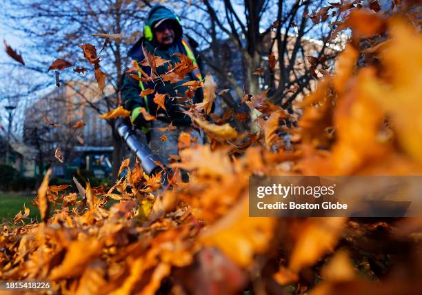 Cambridge, MA An employee with Cambridge Landscape Company uses a gas-powered leaf blower on a commercial property in Central Square. Cambridge has...