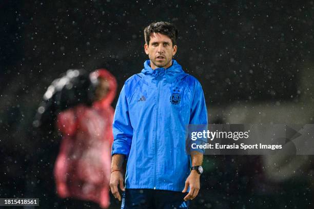 Argentina Head Coach Diego Placente gestures during FIFA U-17 World Cup 3rd Place Final match between Argentina and Mali at Manahan Stadium on...