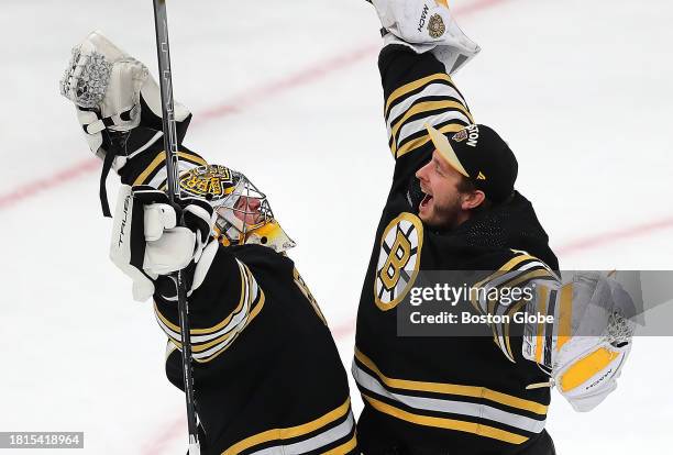 Boston, MA Boston Bruins goalies Jeremy Swayman and Linus Ullmark celebrate the win. The Bruins beat the San Jose Sharks, 3-0.