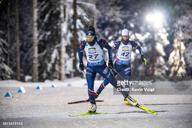 Lou Jeanmonnot of France in action competes during the Women 7.5 km Sprint at the BMW IBU World Cup Biathlon Oestersund on December 1, 2023 in...