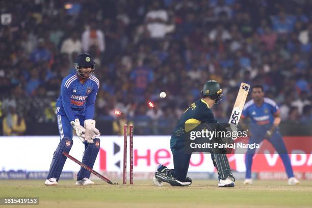 Josh Philippe of Australia bowled out by Ravi Bishnoi of India during game four of the T20 International series between India and Australia at...