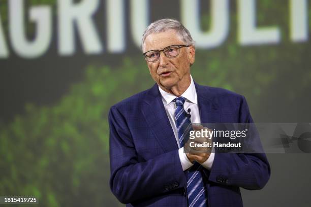In this handout image supplied by COP28, Bill Gates attends the Leaders' Event: Transforming Food Systems in the face of Climate Change at Al Waha...