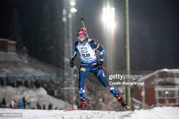 Marit Ishol Skogan of Norway in action competes during the Women 7.5 km Sprint at the BMW IBU World Cup Biathlon Oestersund on December 1, 2023 in...