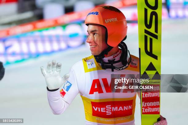 Austrian Stefan Kraft reacts after his qualification jump in Lillehammer, Norway, on December 1, 2023. / Norway OUT