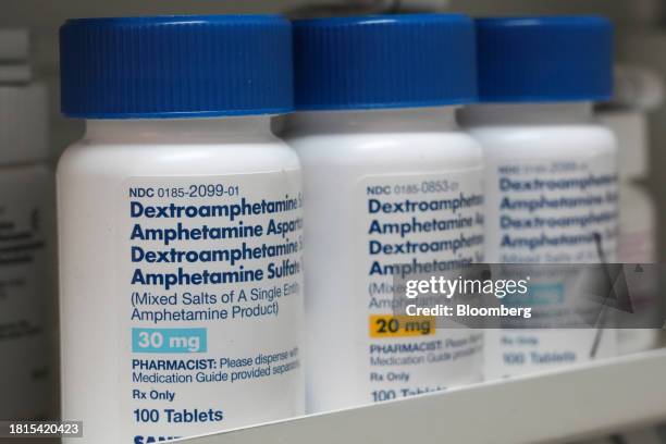 Sandoz dextroamphetamine medication on a shelf at a pharmacy in Provo, Utah, US, on Thursday, Nov. 30, 2023. Millions of Americans have faced...