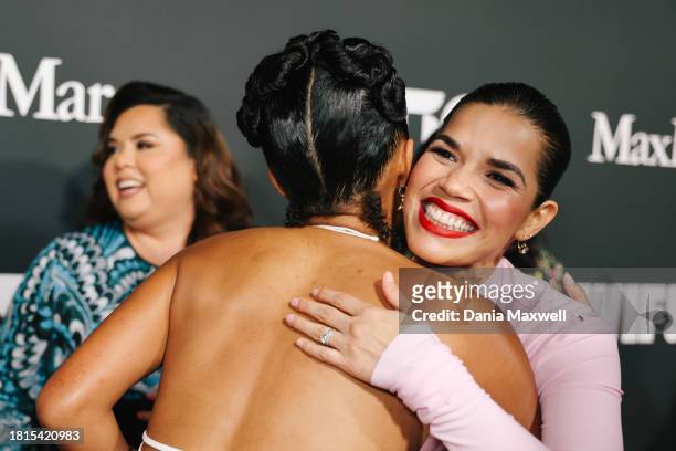 Los Angeles, CA Yara Shahidi, left, and America Ferrera, right, are seen at the WIF annual gala at Dolby Theater on Thursday, Nov. 30, 2023 in Los...