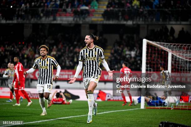 Adrien Rabiot of Juventus celebrates 0-1 goal during the Serie A TIM match between AC Monza and Juventus at U-Power Stadium on December 1, 2023 in...