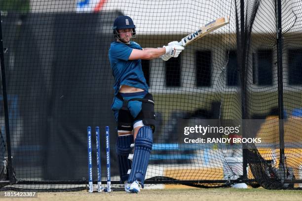 Gus Atkinson of England takes part in a training session two days ahead of the 1st ODI between West Indies and England at Vivian Richards Cricket...