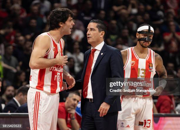 Ioannis Sfairopoulos, Head Coach of Crvena Zvezda Meridianbet Belgrade speaks to Milos Teodosic, #4 of Crvena Zvezda Meridianbet Belgrade and Shabazz...