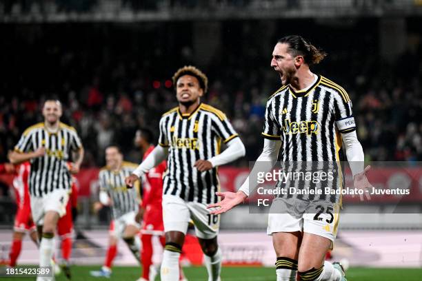 Adrien Rabiot of Juventus celebrates 0-1 goal during the Serie A TIM match between AC Monza and Juventus at U-Power Stadium on December 1, 2023 in...