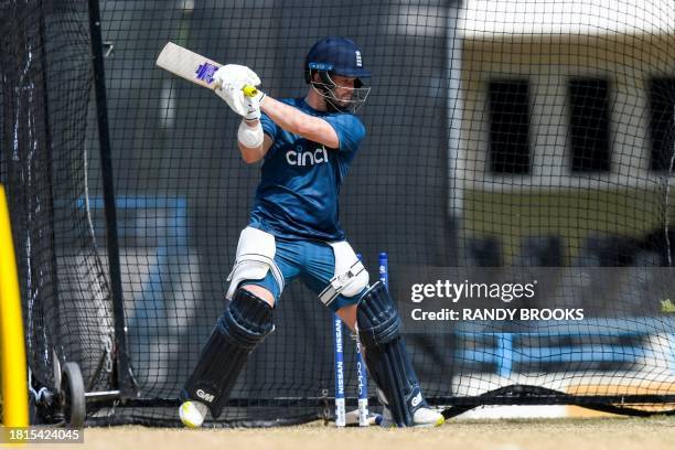 Ollie Pope of England takes part in a training session two days ahead of the 1st ODI between West Indies and England at Vivian Richards Cricket...