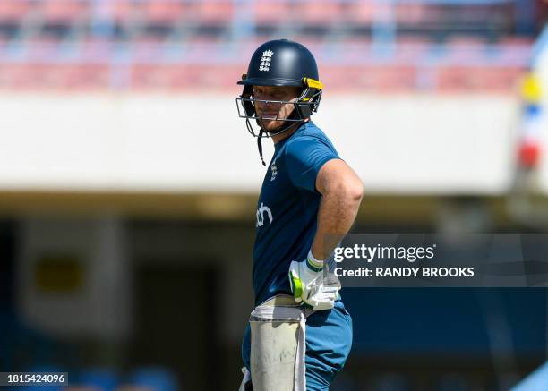 Jos Buttler of England takes part in a training session two days ahead of the 1st ODI between West Indies and England at Vivian Richards Cricket...