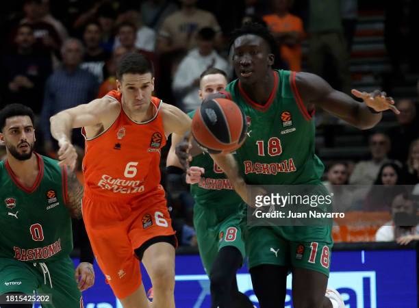 Xabi Lopez-Arostegui, #6 of Valencia Basket and Khalifa Diop, #18 of Baskonia Vitoria Gasteiz in action during the Turkish Airlines EuroLeague...
