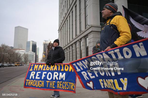 Xochilt Nunez, left, Homero Ocon, right, and Immigrant rights groups starts a "Pilgrimage for Citizenship" from Denver to Greeley to pressure...