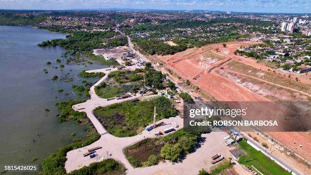 Graphic content / Aerial view of the sunken ground in a plot of land at the Mutange neighbourhood in Maceio, Alagoas state, Brazil on December 1,...