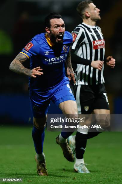 Ryan Bowman of Shrewsbury Town celebrates after scoring a goal to make it 1-3 to complete his hat trick during the Emirates FA Cup Second Round match...