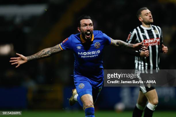 Ryan Bowman of Shrewsbury Town celebrates after scoring a goal to make it 1-3 to complete his hat trick during the Emirates FA Cup Second Round match...