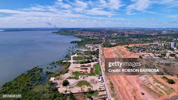 Graphic content / Aerial view of the sunken ground in a plot of land at the Mutange neighbourhood in Maceio, Alagoas state, Brazil on December 1,...