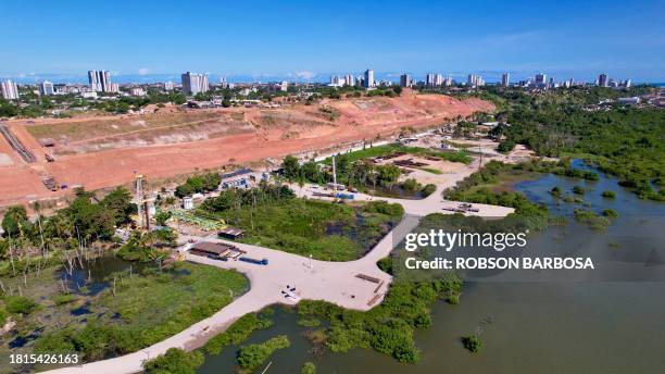 Graphic content / Aerial view of the sunken ground in a plot of land at the Mutange neighbourhood in Maceio, Alagoas state, Brazil on December 1,...