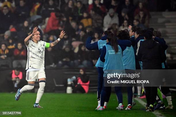 Italy's defender Elena Linari celebrates scoring her team's third goal during the UEFA Women's Nations League group A4 football match between Spain...