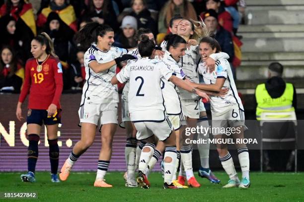 Italy players celebrate their second goal scored by Italy's forward Michela Cambiaghi during the UEFA Women's Nations League group A4 football match...