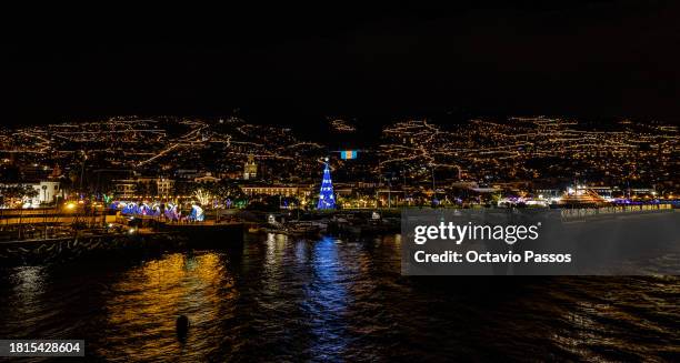 General view of the center city of Funchal with the Christmas city lights on December 1, 2023 in Funchal, Madeira, Portugal. Portugal's Madeira is an...