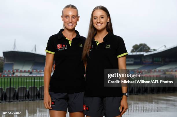 The AFLW Grand Final Boundary Umpires Emilie Hill and Georgia Henderson pose for a photograph during the 2023 AFLW Grand Final Media Opportunity at...