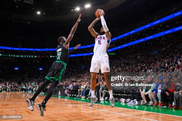 Marcus Morris Sr. #5 of the Philadelphia 76ers shoots the ball during the game against the Boston Celtics on December 1, 2023 at the TD Garden in...