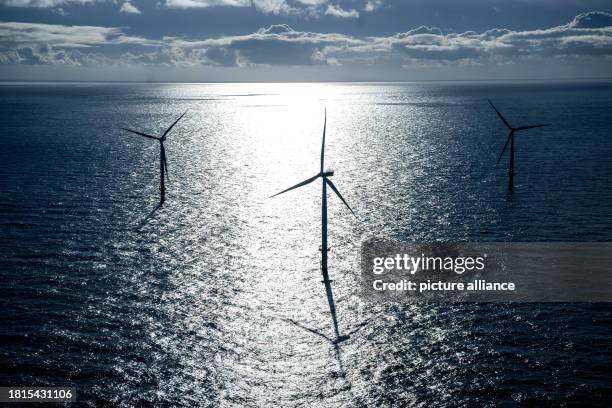 November 2023, North Sea, --: The Riffgat offshore wind farm around 15 kilometers north of the island of Borkum. Riffgat wind farm was the very first...