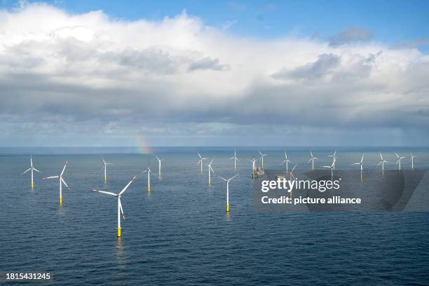November 2023, North Sea, --: The Riffgat offshore wind farm around 15 kilometers north of the island of Borkum. Riffgat wind farm was the very first...