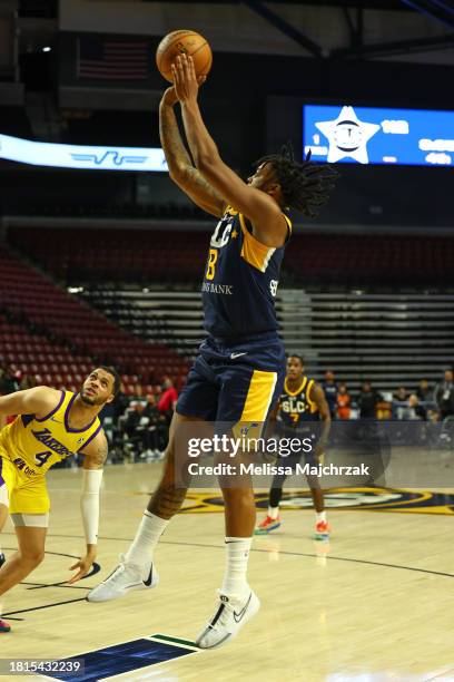 Brice Sensabaugh of the Salt Lake City Stars shoots the ball during the game against the South Bay Lakers at the Maverick Center on December 01, 2023...