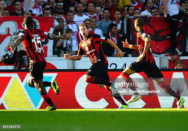 Marco Russ of Frankfurt celebrates his team's first goal during the Bundesliga match between VfB Stuttgart and Eintracht Frankfurt at Mercedes-Benz...