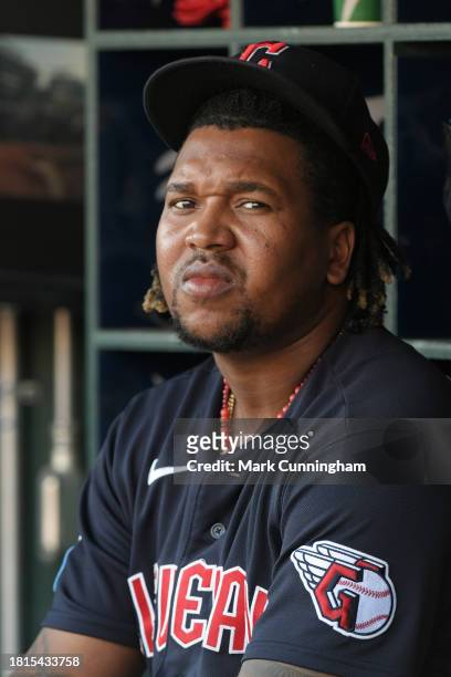 Jose Ramirez of the Cleveland Guardians looks on from the dugout during the game against the Detroit Tigers at Comerica Park on October 1, 2023 in...
