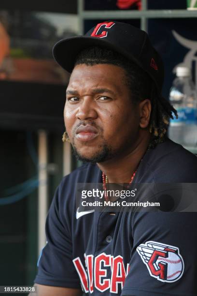 Jose Ramirez of the Cleveland Guardians looks on from the dugout during the game against the Detroit Tigers at Comerica Park on October 1, 2023 in...