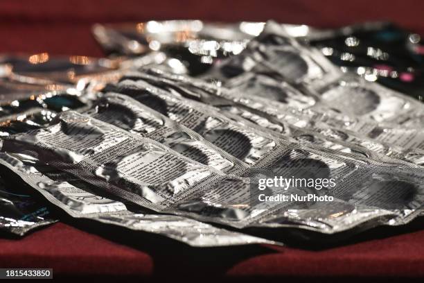 Stand with free contraception prducts offered to participants of the World AIDS Day March in Cancun, on December 1st in Cancun, Quintana Roo, Mexico....