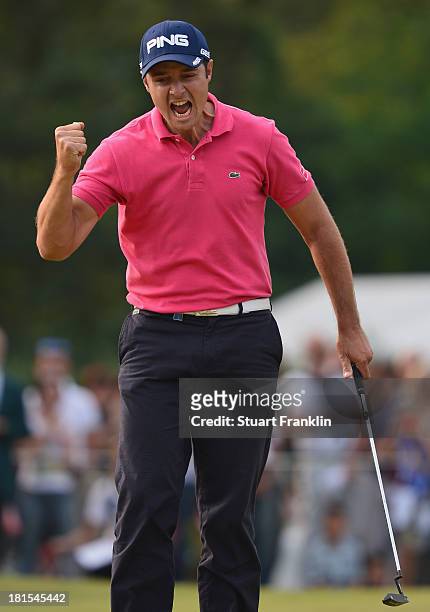 Julien Quesne of France celebrates winning on the 18th hole during the final round of the Italian Open golf at Circolo Golf Torino on September 22,...